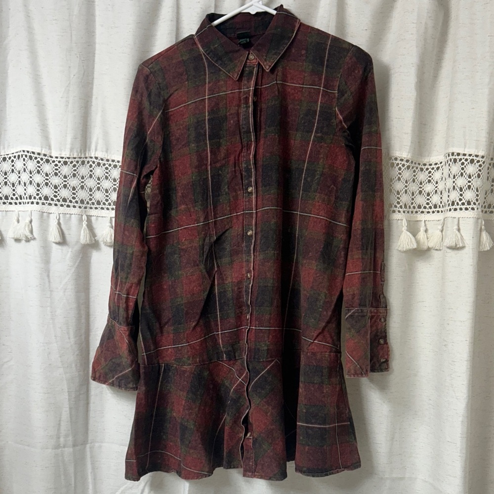 wild fable Burgundy and Forest Green Plaid Shirt Dress - Picture 1 of 5